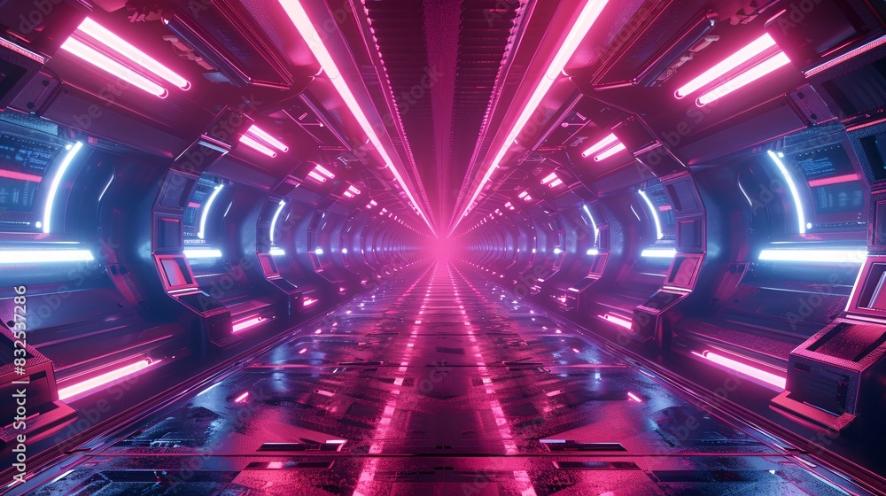 Aufkleber abstract neon background with glowing lines and reflection in the floor of an empty tunnel or space 