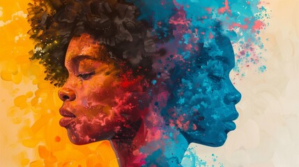 Vibrant Illustration of Two African American Women Celebrating Artistic Expression with red and blue contrast Colorful Paint Splashes with wide awake concept