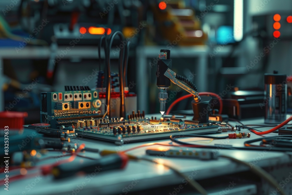 Poster a detailed view of electronic devices on a tabletop. suitable for technology concepts