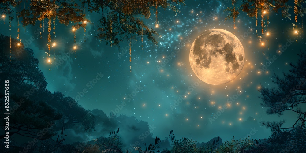 Poster a full moon is shining in the sky above a forest of trees and bushes with lights hanging from them
