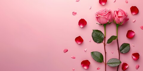 a pink rose with leaves on a pink background with petals scattered around