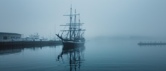 Creepy ghost ship in a misty harbor