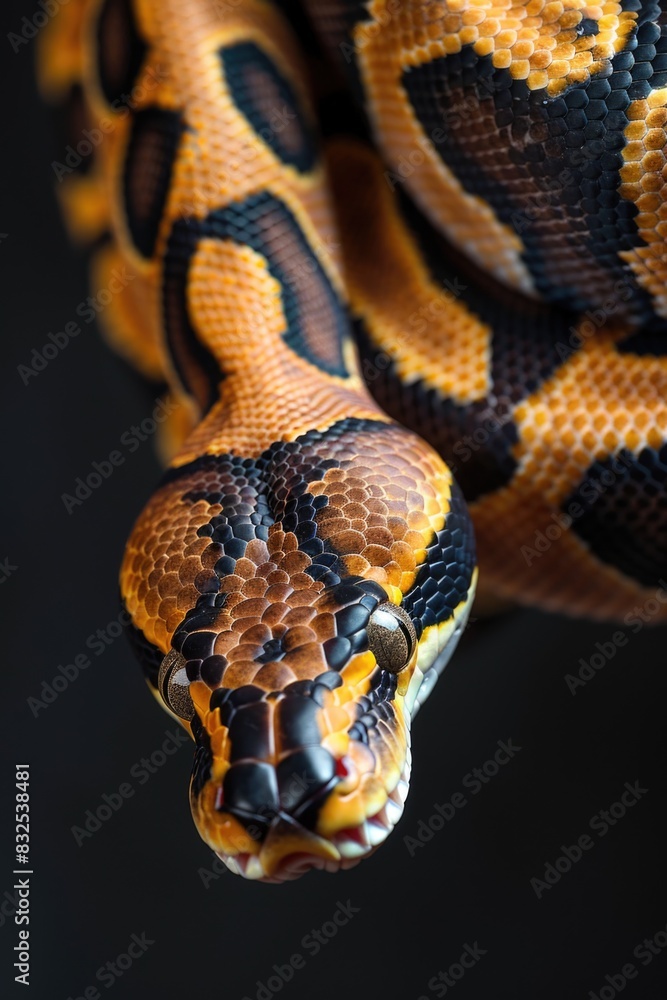 Poster close up image of a snake on a black background. suitable for nature or wildlife concepts