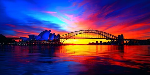 Sydney Opera House and Harbour Bridge silhouetted against vibrant sunset sky: An iconic view. Concept Travel, Landmarks, Sunset, Sydney, Australia