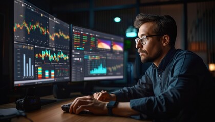 Businessman operates a digital dashboard, showcasing real-time data visualization and analytics. Perfect for illustrating advanced business technology