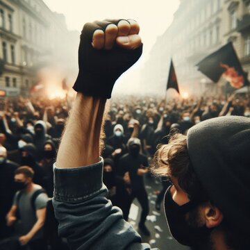 A raised fist of a protestor at a violent political demonstration