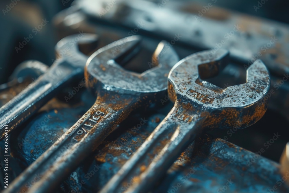 Poster a collection of wrenches placed neatly on a wooden surface