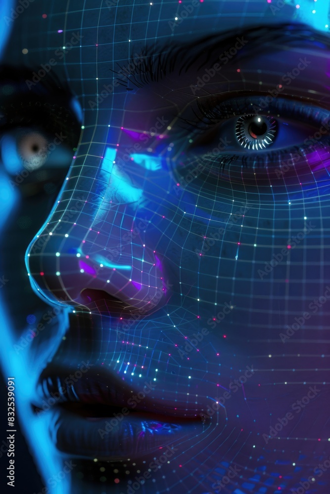 Poster a detailed view of a person's face with a grid overlay, conveying a sense of mystery and anonymity