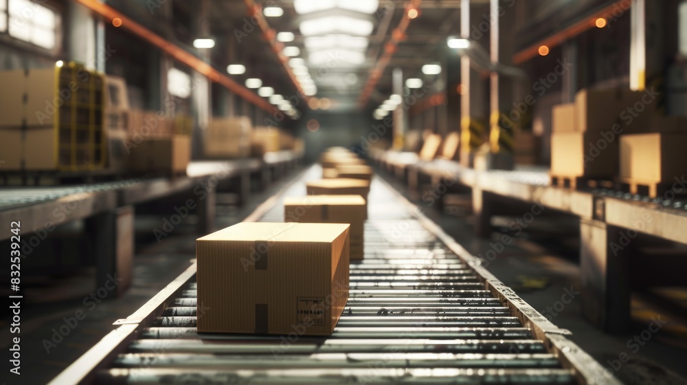 Poster warehouse scene with moving boxes on a conveyor belt, suitable for industrial or logistics-related c