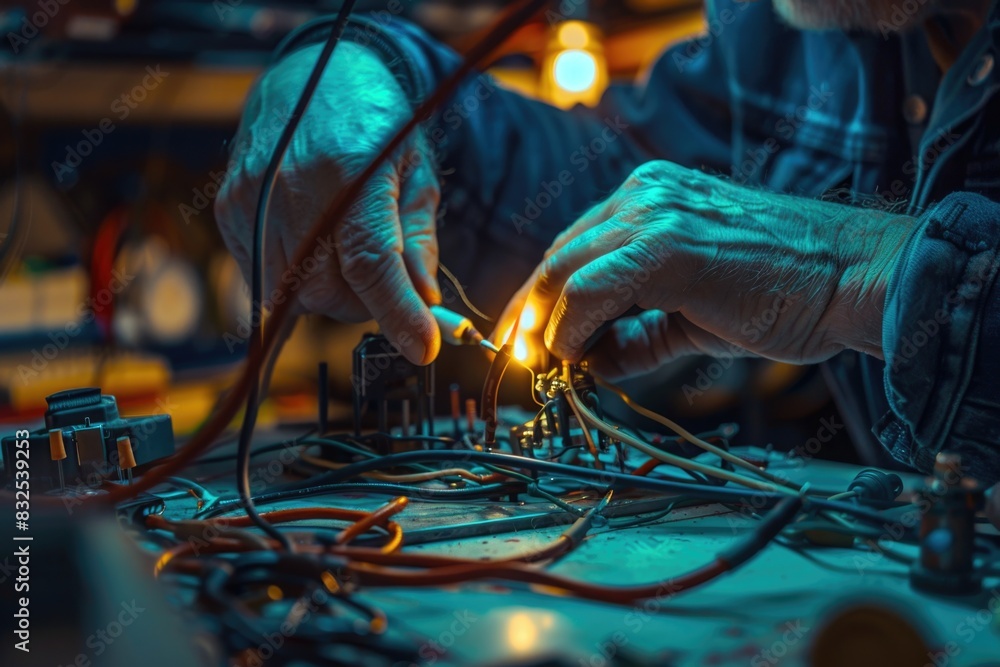 Aufkleber A person working on a circuit board with various components and wires