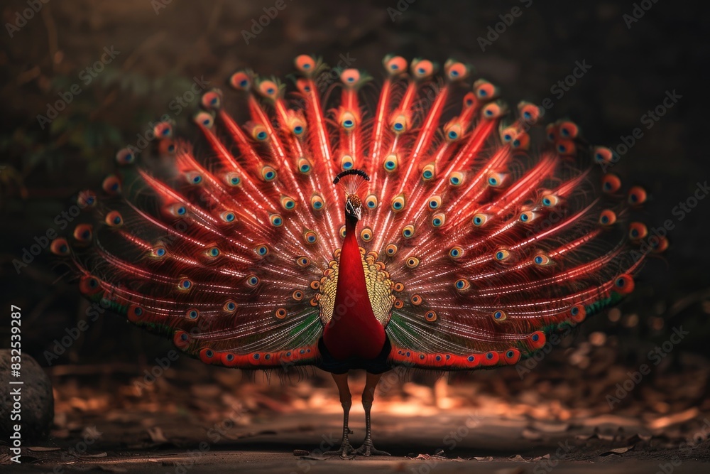 Poster A vibrant red peacock spreads its magnificent feathers on display