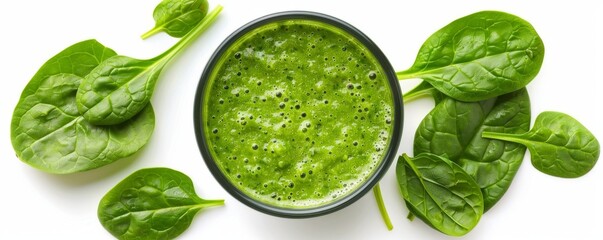Obraz premium White background with a green smoothie and fresh spinach, top view