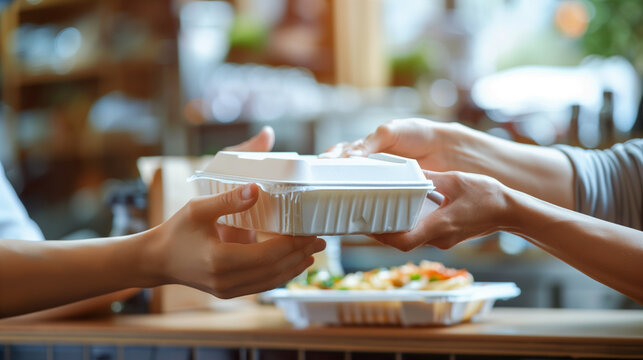 Restaurant Cashier Giving Leftovers in Takeout Container to Customer | Modern Restaurant and Food Waste Management