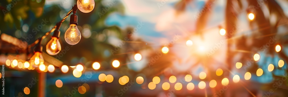 Poster string of lights hanging from a tree with the sun shining through the trees behind them and a blurry