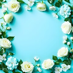Floral Border Frame of Beautiful White Roses on Pastel Turquoise Blue Background – Space for Text

