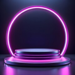 "Modern Round Platform Podium with Glowing Neon Lighting for Stylish Product Presentation