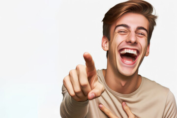 man laughter with a comical expression point finger Isolated on white background