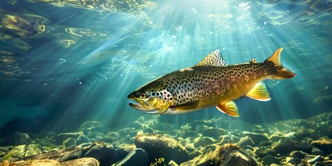 Fototapeta premium a fish swimming in a body of water with rocks and algae around