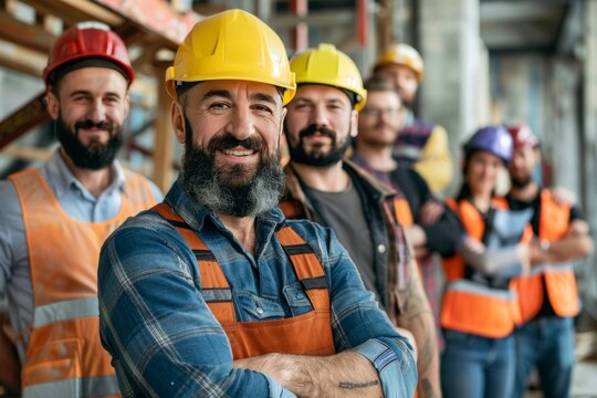 Content construction crew standing together, looking at camera