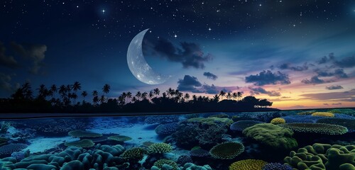 A crescent moon over a vibrant coral reef, viewed from underwater, with the silhouette of palm trees on the distant shore under a star-filled sky.