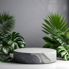 Round empty Gray Stone Podium with Tropical Leaf Background for Natural Product Display, ai generative illustration, 