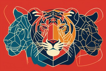 Colorful geometric illustration of a tiger with abstract design lines on a vibrant red background, perfect for modern art enthusiasts.