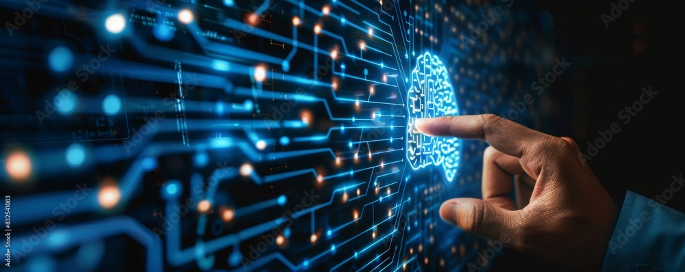 Poster concept of ai technology as a businessman touches a digital icon on a virtual screen