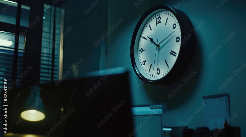 Wall mural A clock on a wall in a dark room with no lighting or shadows, emphasizing the timepiece's presence