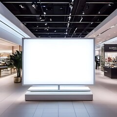 White Rectangular Signboard Mockup Inside Shopping Mall Store, Blank Advertising Display, Indoor Commercial Space  
