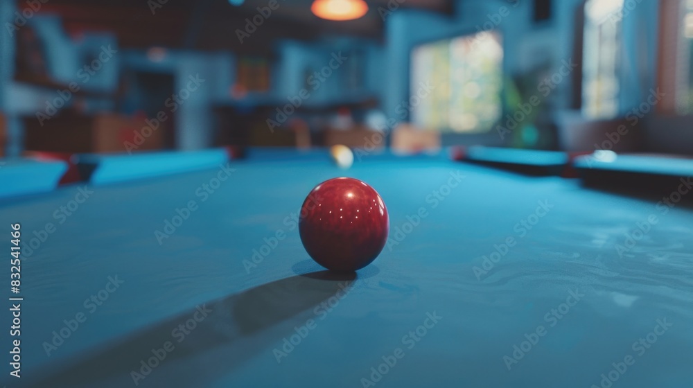 Poster A red ball sitting on the surface of a pool table, ready for a game