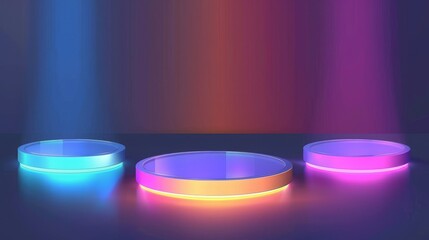 Colorful neon-lit podiums showcasing vibrant abstract display, perfect for product presentation or promotional visuals with a futuristic touch.