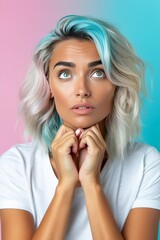 Young blonde woman with bob haircut in white t shirt on pastel gradient background