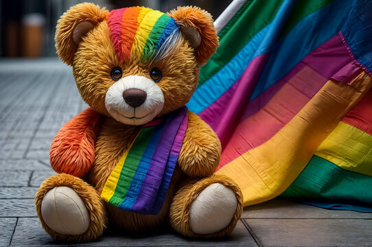 colorful teddy bear with rainbow flags