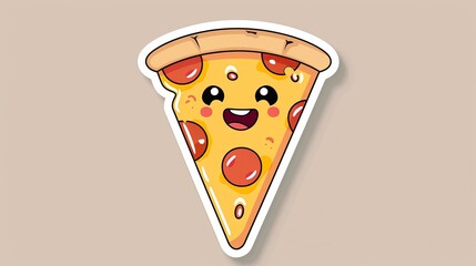 Cute cartoon pizza slice with a happy face and pepperoni, perfect for fun food illustrations, stickers, or kids' art. Beige background.