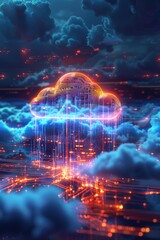 A glowing cloud floating above a city skyline at night, perfect for use in images of urban landscapes, weather phenomena, or futuristic scenes