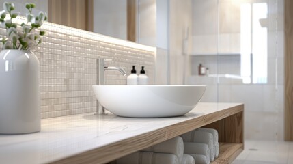 Fototapeta premium White bathroom counter and tile in a home with wooden detail underneath