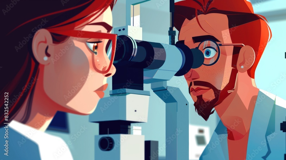 Poster a couple examining samples under a microscope, compact and precise instrument for scientific researc