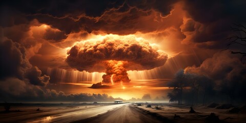 The stormy sky witnesses a shock wave and mushroom cloud from a nuclear explosion. Concept Apocalyptic Disaster, Nuclear Explosion, Shock Wave, Mushroom Cloud, Stormy Sky