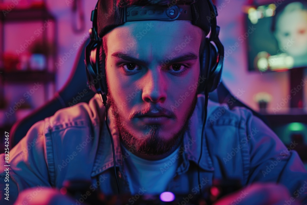 Aufkleber a person playing a video game on a home console with headphones on, suitable for use in articles abo