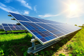 a close up of a solar panel in a field with a bright sun