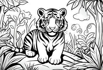 Lineart, coloring book,  Tiger