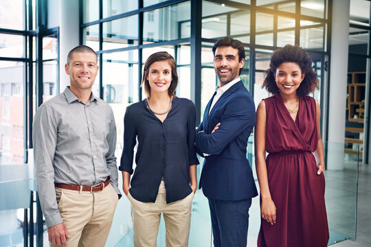 Portrait, confidence and group of business people in office with smile, pride and employees at consulting agency. Teamwork, professional men and women with diversity, happy collaboration and support