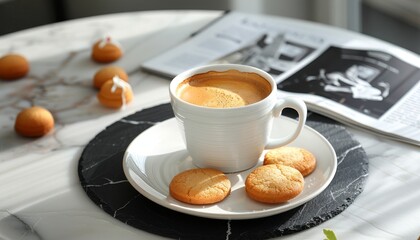 Inviting scene with a cup of coffee, cookies, and a newspaper, ideal for a relaxing moment