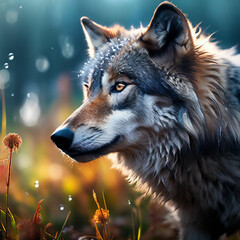 Wolf auf einer Wiese - Wolf sieht etwas in der ferne - Wolf steht im Regen auf einer Wiese und sieht seine Beute