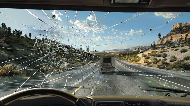 Cracked windshield view of a highway with a truck in the distance and desert landscape under a partly cloudy sky.