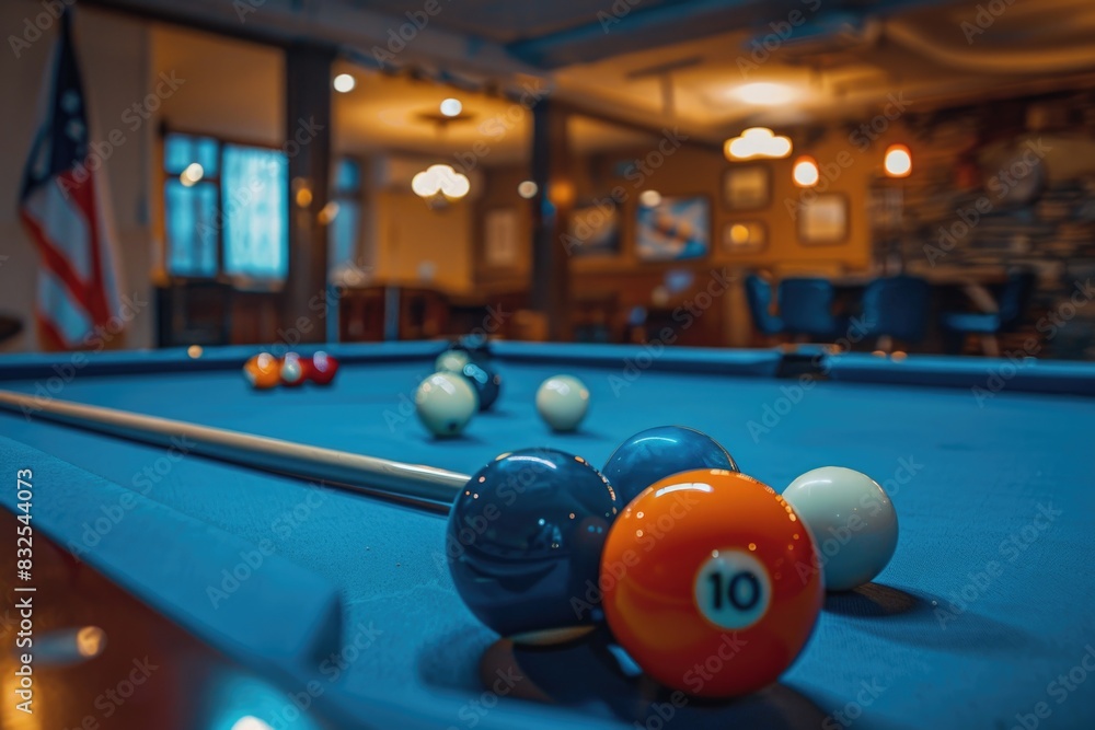 Poster a close-up view of a pool table with several balls scattered around, ready for a game