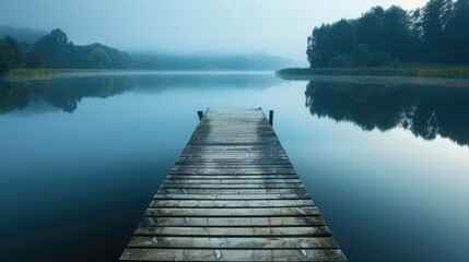Obraz premium Tranquil Lake with a Pier Made of Wood