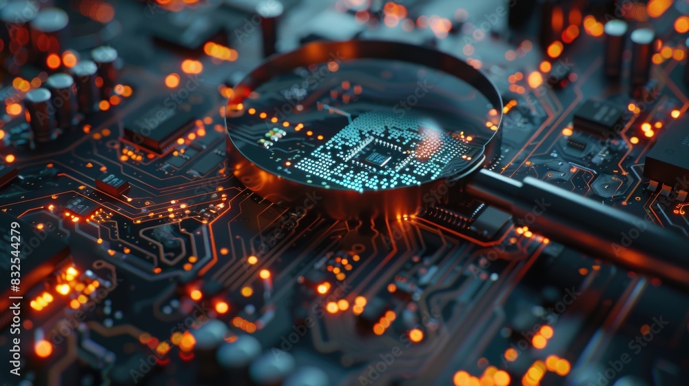 Poster a magnifying glass sitting on top of a circuit board, great for electronics and technology related p