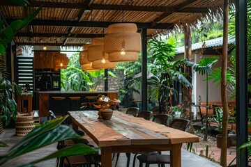 Fototapeta premium outdoor dining area with a wooden table and chairs, surrounded by lush greenery. The space has a relaxed and natural vibe with woven pendant lights and a simple, rustic decor