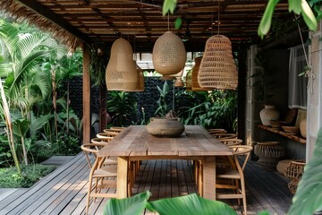 Fototapeta premium outdoor dining area with a wooden table and chairs, surrounded by lush greenery. The space has a relaxed and natural vibe with woven pendant lights and a simple, rustic decor